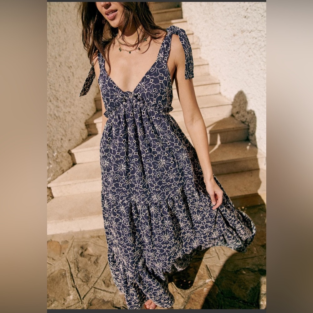 Sezane Graziella Navy Floral Maxi Dress